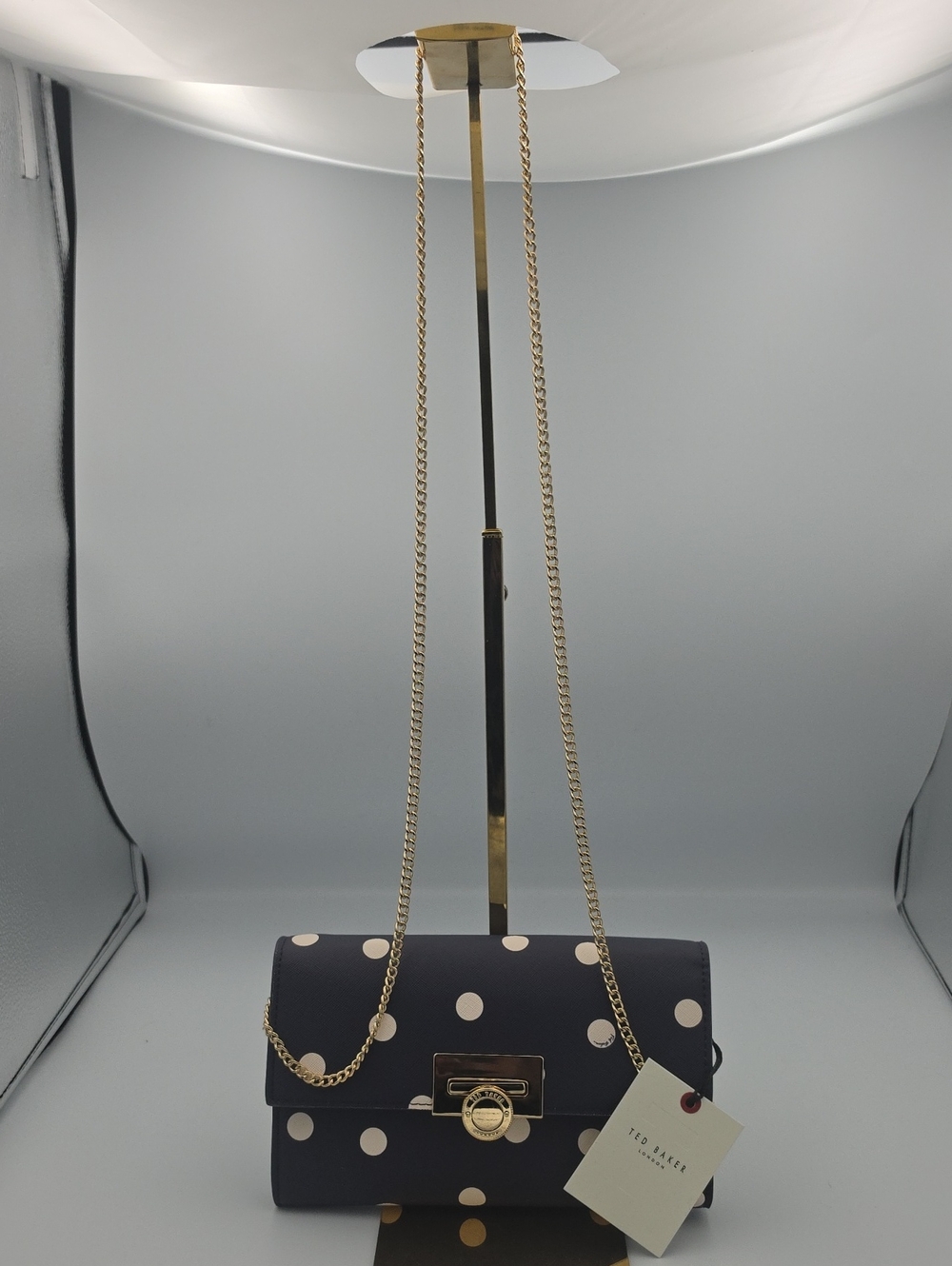 Ted Baker Navy Blue & White Polka Dot Crossbody Bag W/ Gold Chain (NWT)✨️💙✨️